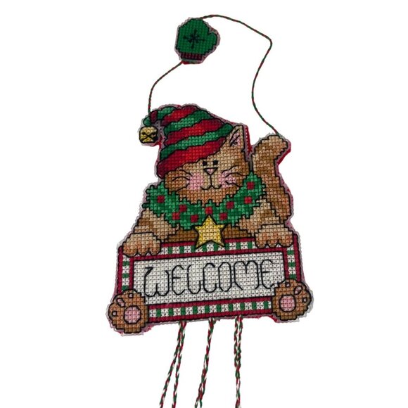 Handmade Finished Cross-Stitched Christmas Kitty Cat Welcome Sign Wind Chimes - Picture 3 of 7